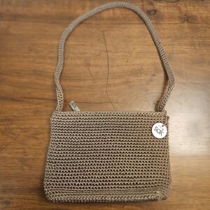 THE SAK Crochet Tan Brown Small Shoulder Bag Purse Knit Zip Handbag Woven